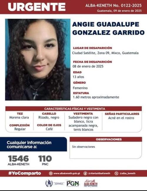 Si tienes alguna información sobre el paradero de Angie, por favor comunícate al 1556 o 110 con la Policía Nacional Civil (PNC). Tu ayuda es fundamental para encontrarla. (Imagen: Alerta Alba Keneth)