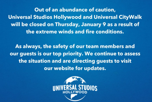 Como medida de precaución, Universal Studios Hollywood y Universal CityWalk estarán cerrados el jueves 9 de enero como resultado de los vientos extremos y las condiciones de incendio. (Foto: Universal Studios Hollywood)