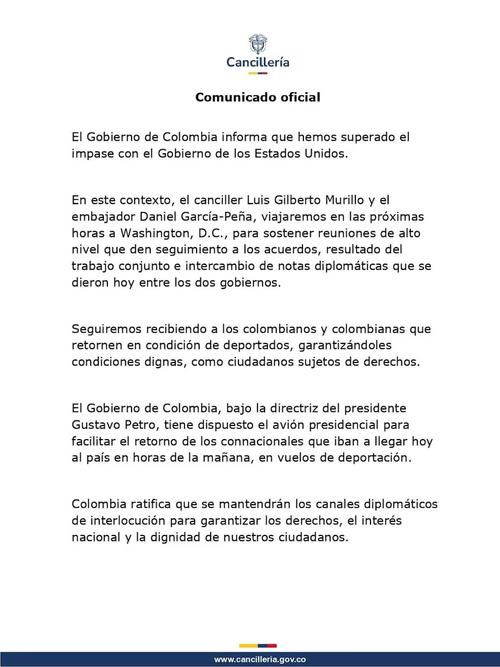 Comunicado del Gobierno de Colombia sobre el acuerdo con Estados Unidos. (Foto: Cancillería del Colombia)
