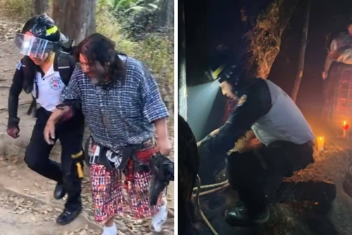 El sacerdote oraba dentro de la cueva No. 1 del sitio arqueolÃ³gico Gumarkaaj. (Foto: Bomberos Voluntarios)