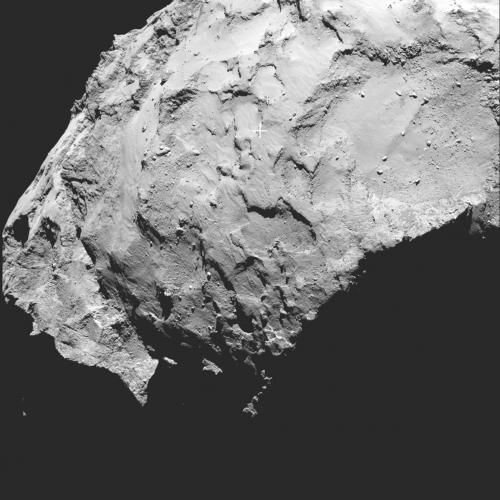 Fotografía facilitada por la Agencia Espacial Europea (ESA) hoy en la que aparece el "punto J" de aterrizaje del módulo Philae, de la sonda Rosetta, en el astro 67/P Churyumov-Gerasimenko. EFE