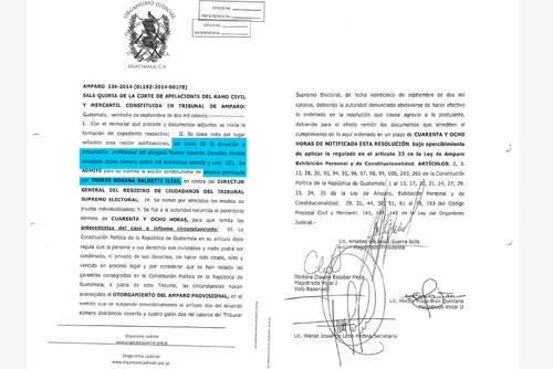 El abogado Vernon González actúa como abogado de Roxana Baldetti en este caso de amparo, como se demuestra en este documento.