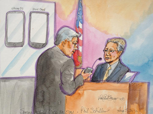 Ilustración de la corte que ve el caso Apple vs. Samsung, donde el abogado de Samsung Bill Price examina un dispositivo con Phil Schiller de Apple. (CNET)