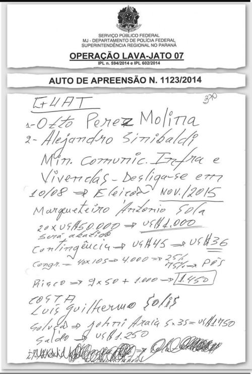 Esta es una de las anotaciones escritas a mano que fue encontrada en la residencia del presidente de la empresa brasileña OAS, donde se hace ver que el dinero habría sido entregado en 20 cuotas de 50 mil dólares. (Imagen: Valor Económico) 