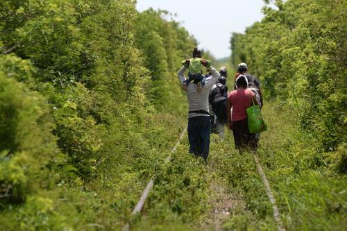 Después de que se descarriló el tren, algunos migrantes decidieron seguir el camino a pie, bajo el sol. (Foto: ESteban Biba/Soy502)