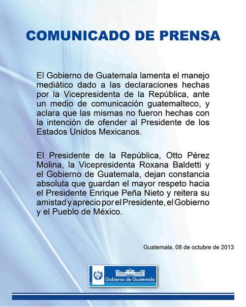 El gobierno guatemalteco reitera su respeto al presidente de México y acusa un "mal manejo mediático" de las declaraciones de Baldetti 