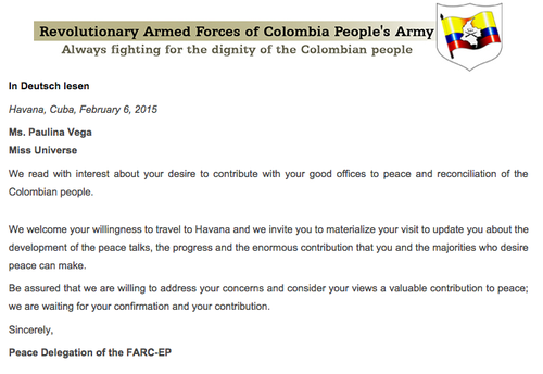 Invitación emitida por las FARC para que Paulina Vega viaje a La Habana. (Foto: Farc-epeace)