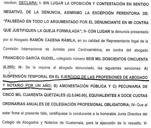 El Tribunal de Honor señala evidente mala práctica por parte del abogado García Gudiel. 