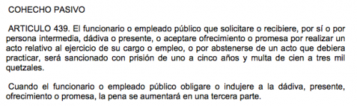 Artículo del Código Penal de Guatemala que señala el delito de cohecho. (Foto: OEA)