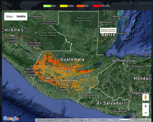 Mapa de Conred de riesgos de deslizamiento en toda la República. Las regiones central y occidental son las más vulnerables. (Fuente: CONRED).