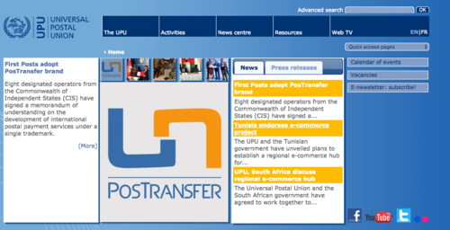 Portada de la web de la Universal Postal Union.