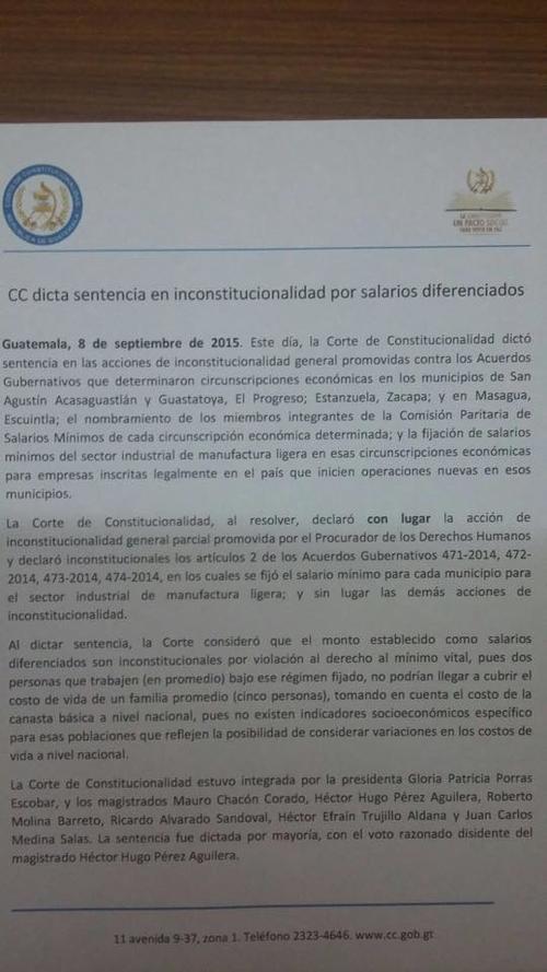 Esta es la resolución de la CC respecto a los salarios diferenciados en cuatro municipios.  (Foto: CC) 