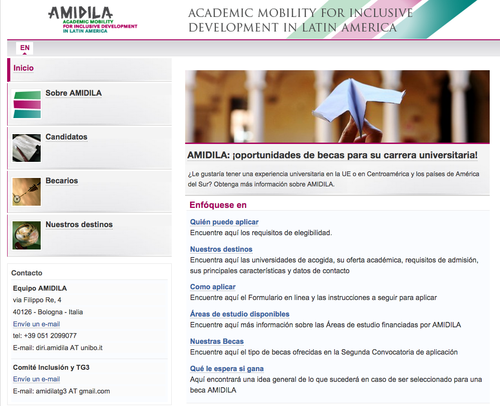 Este proyecto ofrece oportunidades de crecimiento en la Universidad de Bologna, en Italia. El sitio es www.unibo.it//amidila.