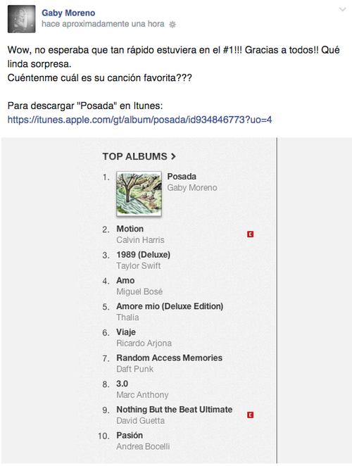 El álbum "Posada" de Gaby Moreno llegó rápidamente a número 1 del top 10 de hoy en Itunes. (Foto: Itunes oficial) 