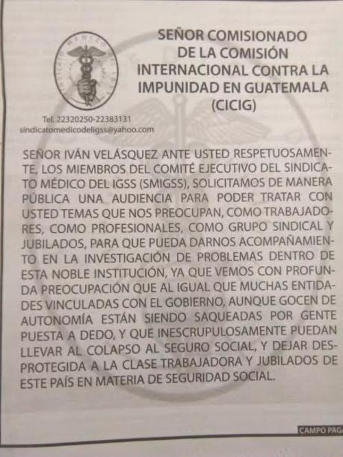 Este es el campo pagado publicado por el Sindicato de Médicos del IGSS. 