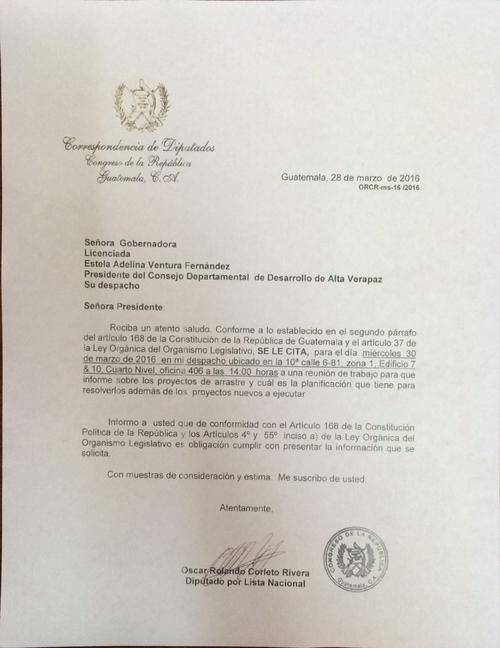 Carta enviada a la gobernadora para la citación del 30 de marzo.