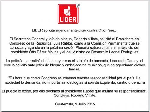 Lider emitió un comunicado de prensa donde expresó su postura sobre el antejuicio de Otto Pérez. 