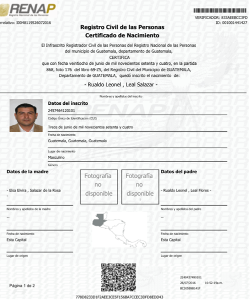 Certificado de nacimiento de Rualdo Leonel Leal Salazar. (Foto: Renap)