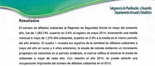 Según el IGSS, el número de afiliados cotizantes de la entidad a mayo del 2015, se incrementó en un 2.9% a la medio del mismo período del 2014. (Imagen: Informe IGSS)