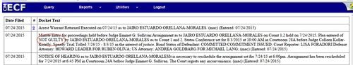 Orellana se declaró "no culpable" del delito de narcotráfico, en la audiencia que se llevó a cabo tras su extradición. 