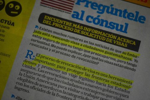 La columna "Pregúntele al Cónsul", publicada en Nuestro Diario el 4 de mayo de 2015, trata enteramente sobre la revocación de visas. (Foto: Jesús Alfonso/Soy502)