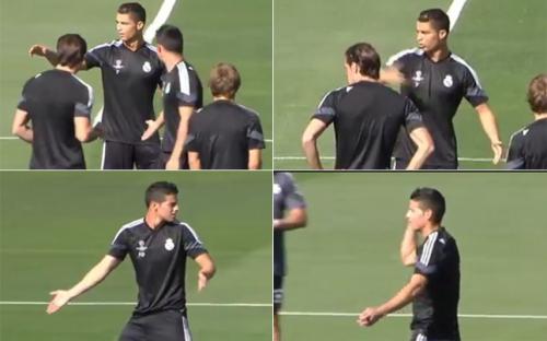 Secuencia de fotos que muestran a Cristiano Ronaldo sacando a James del grupo y el supuesto gesto del colombiano
