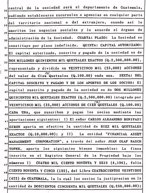 Bonifasi Girón aportó 10 mil quetzales a la sociedad. "Financial Asset Management Corporation" aportó varias fincas que formaban un solo cuerpo en Santa Catarina Pinula. 