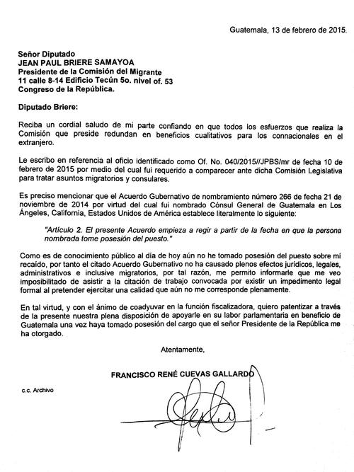 Esta es la carta que envió Francisco Cuevas para no asistir a la citación hecha por diputados de la Comisión de Migrante. (Foto: Soy502)