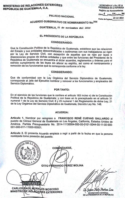 Este es el Acuerdo Gubernativo, por medio del cual, fue nombrado Francisco Cuevas como cónsul de Los Ángeles, California. (Foto: Soy502)