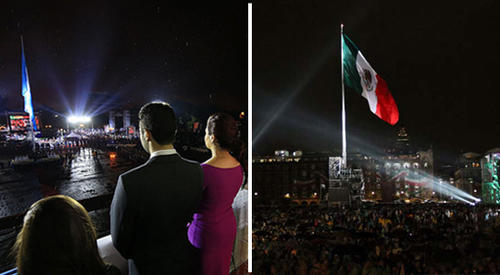 Una enorme bandera fue confeccionada, para que luzca al centro de la plaza. Izquierda, el acto en Guatemala, derecha, el acto en México.