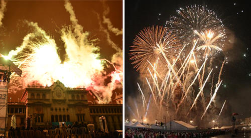 Los actos, como ocurre en México, a la derecha, concluyen con un show de luces y fuegos artificiales. 