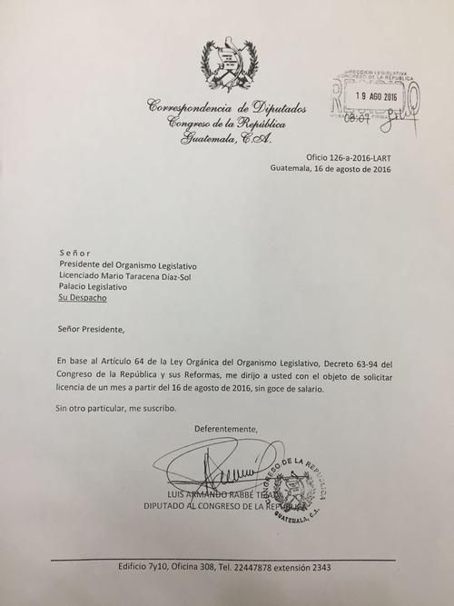 Esta es la carta enviada por el expresidente del Congreso, Luis Rabbé, para solicitar permiso para ausentarse durante un mes.