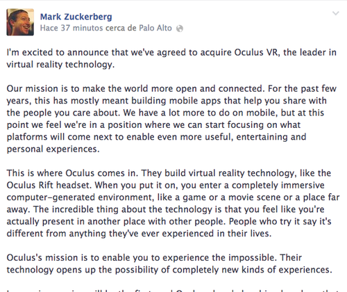 El anuncio hecho esta tarde por Mark Zuckerberg de la compra de la empresa Oculus Rift. (Foto: Mark Zuckerberg/Facebook)