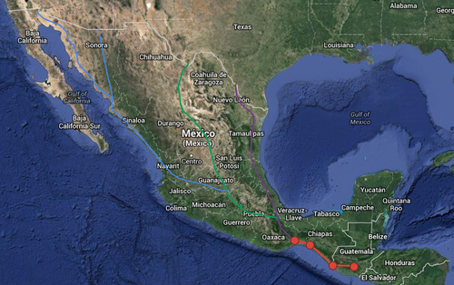 En rojo: la ruta que harán los enviados especiales de Soy502: desde Guatemala a la frontera, a Arriaga, Chiapas y por último, a Ciudad Ixtepec en Oaxaca. Ixtepec ees la ciudad donde las rutas de los migrantes se empiezan a separar en diferentes ramales. 