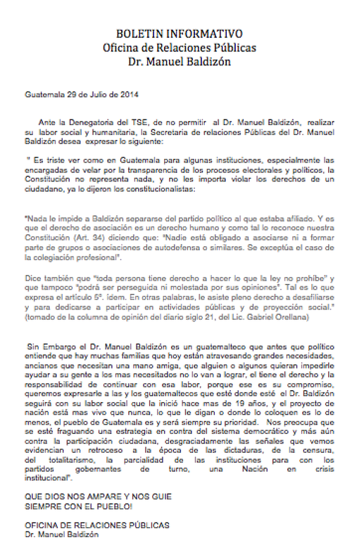 Boletín enviado por la Secretaria de Comunicación de Manuel Baldizón. 