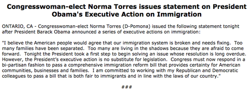 El comunicado de la Congresista estadounidense de origen guatemalteco, Norma Torres exhorta a que el Congreso apruebe una ley de reforma migratoria.