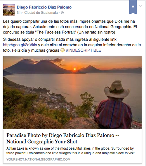 Con esta publicación, Diego Fabriccio agradece el apoyo que National Geographic en Facebook. 