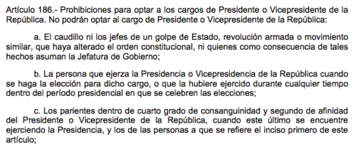 Este es el artículo de la Constitución que genera el debate sobre si Zury Ríos puede o no participar. (Foto: Soy502)
