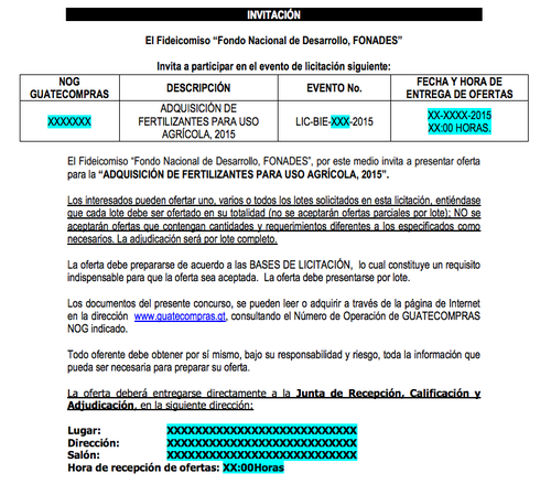 Fonades publicó el proyecto de las bases de licitación, tal y como se ve en la foto del documento, sin los datos completos para poder ofertar. (Foto: Guatecompras)