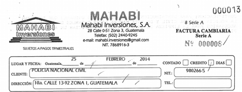 Imagen de una factura emitida por Mahabi Inversiones a la PNC. En ella se observa que la dirección coincide con la empresa Improdigsa. (Foto: Soy502)