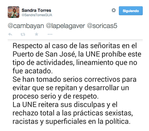 Este es el tuit que compartió la Secretaria General de la UNE, Sandra Torres. 