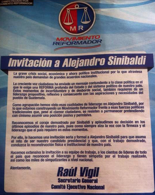Esta es la carta abierta en la que el partido Movimiento Reformador invitó a Alejandro Sinibaldi a ser su candidato presidencial. 