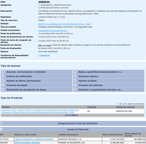 Pese a que por solicitud de la Junta Directiva, el contrato con esta empresa fue dado de baja, en el portal de Guatecompras aún sigue vigente. 