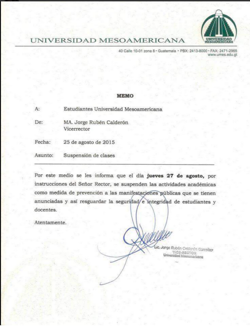 La Universidad Mesoamericana emitió una circular donde suspenden las clases.  (Foto: Twitter)