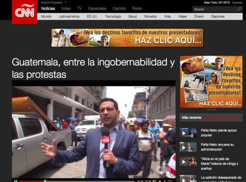 La página web de CNN también hacía referencia a las protestas de la semana que piden la renuncia de Otto Pérez Molina.  (Foto: Soy502) 