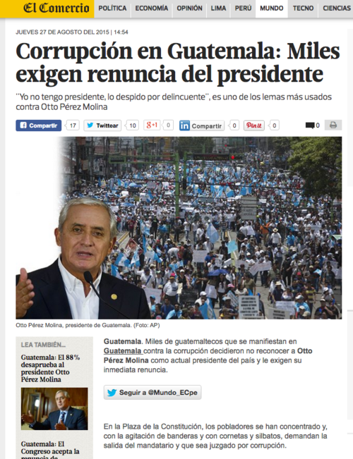 El Diario Digital El Comercio en Perú también tiene una sección dedicada a la crisis en Guatemala.  (Foto: Soy502) 