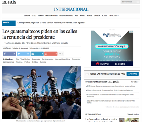 El periódico el país así titula la nota sobre Guatemala.  (Foto: Soy502) 
