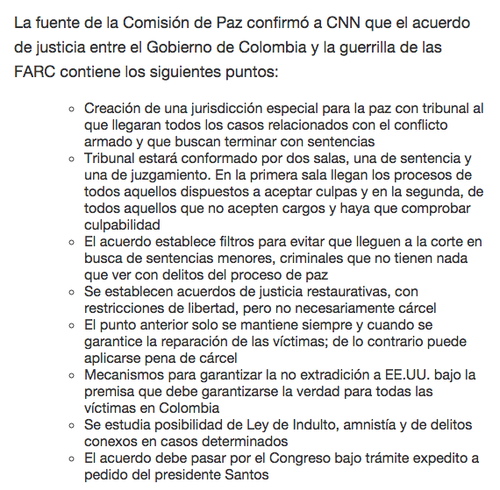 Según CNN estos son los puntos que contiene el acuerdo de justicia entre el Gobierno de Colombia y las FARC. (Foto: CNN)