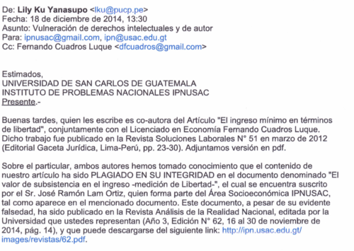 En un correo electrónico los autores originales en Perú, alertan a la Usac sobre esta mala práctica.  (Foto: IPNUSAC/Soy502) 