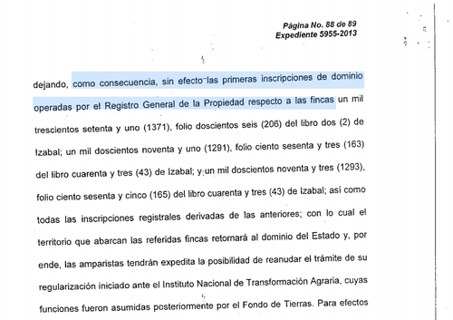 Vista de la parte resolutiva de la Corte de Constitucionalidad (CC) que fallo a favor de las comunidades de la Sierra Santa Cruz en Izabal. 